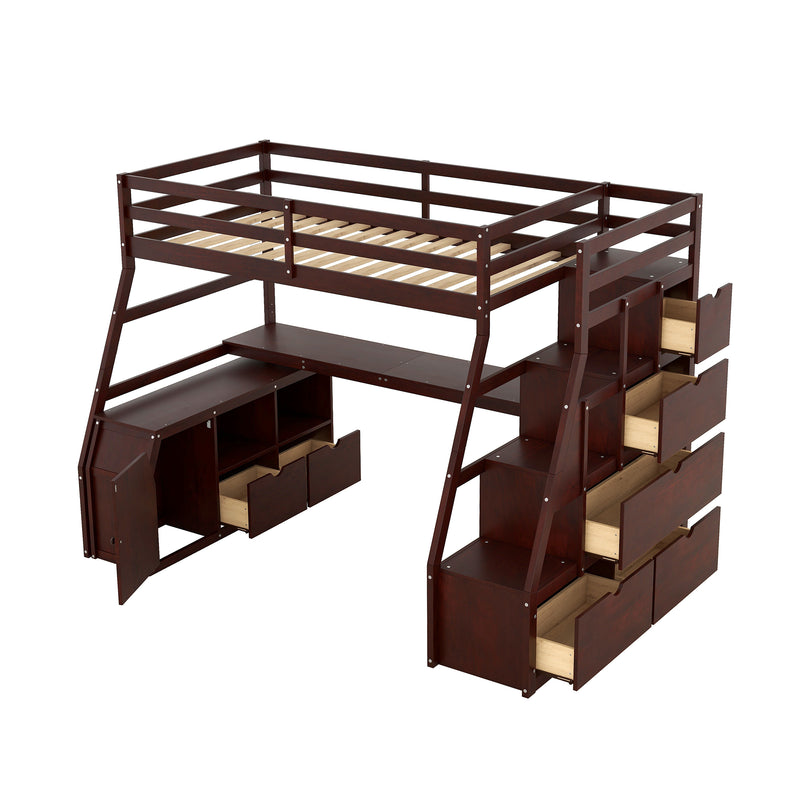 Twin Size Loft Bed with 7 Drawers 2 Shelves and Desk - Espresso