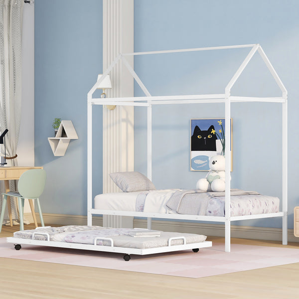 Twin Size Kids House Bed With Trundle, Metal House Bed White