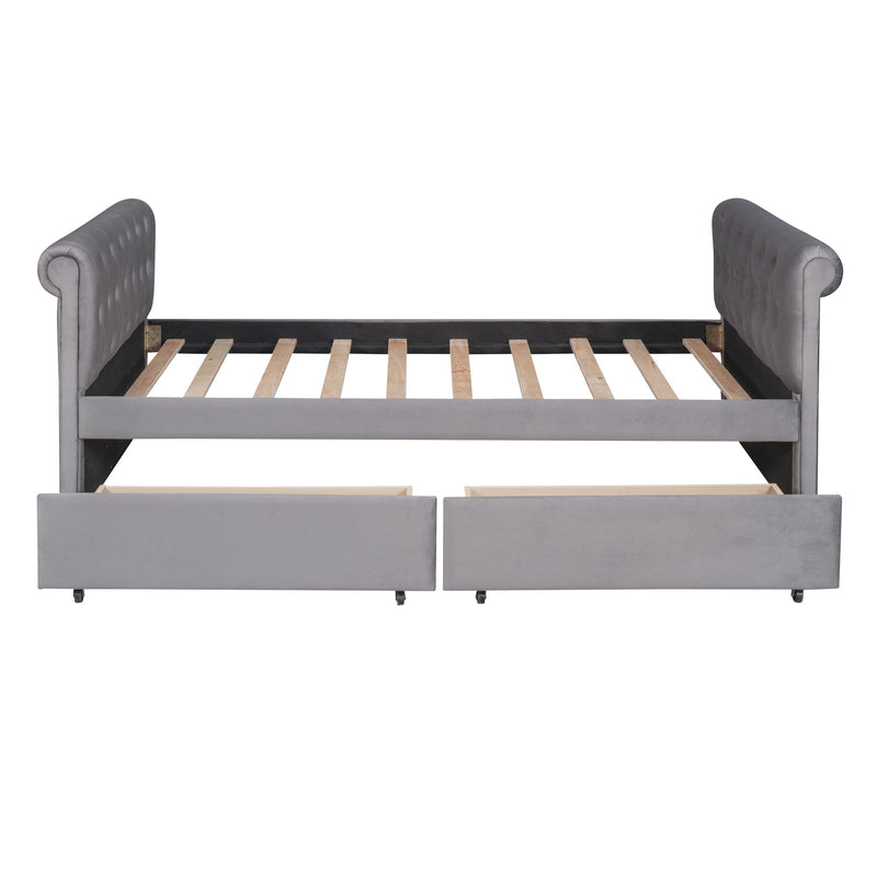 Upholstered Daybed With Drawers, Wood Slat Support