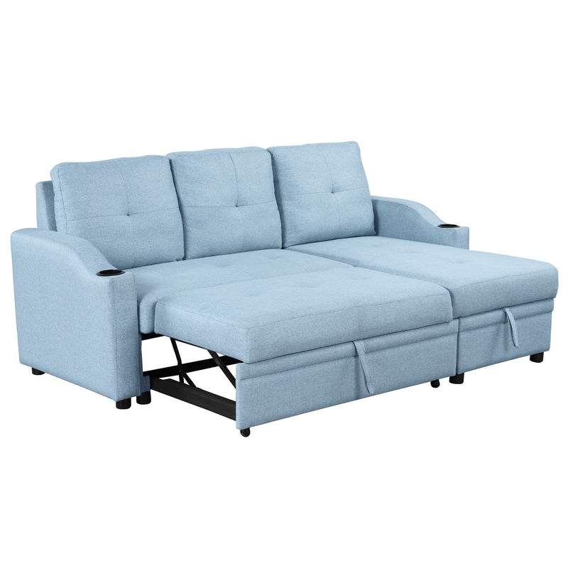 Pull Out Sofa Bed Modern Padded Upholstered Sofa Bed, Linen Fabric 3 Seater Couch With Storage Chaise And Cup Holder, Small Couch For Small Spaces