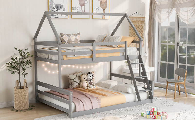 Twin over Full House Bunk Bed with Built-in Ladder,Gray