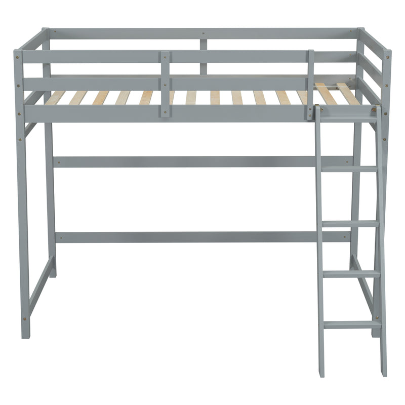 Twin Size High Loft Bed with inclined Ladder, Guardrails,Grey