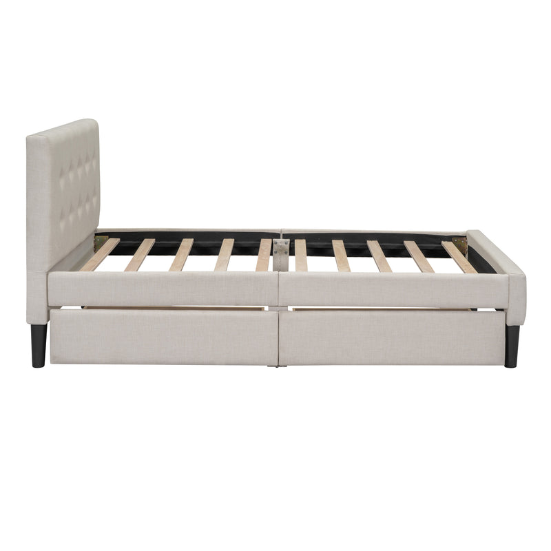 Twin Size Upholstered Platform Bed with 2 Drawers, Beige