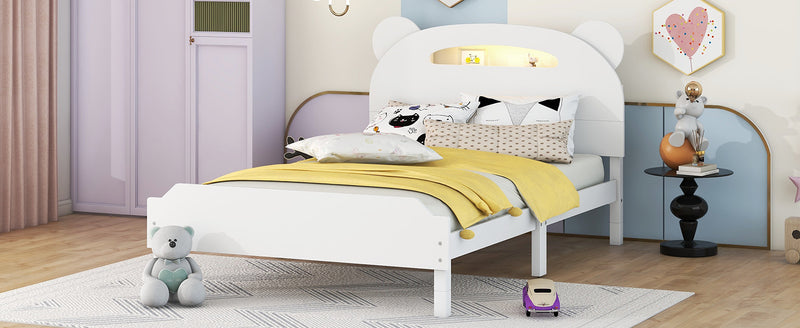 Twin Size Wood Platform Bed with Bear-shaped Headboard,Bed with Motion Activated Night Lights,White