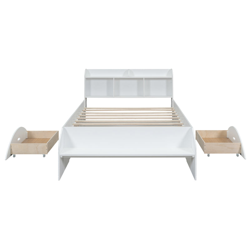 Wood Full Size Platform Bed with 2 Drawers, Storage  Headboard and Footboard, White