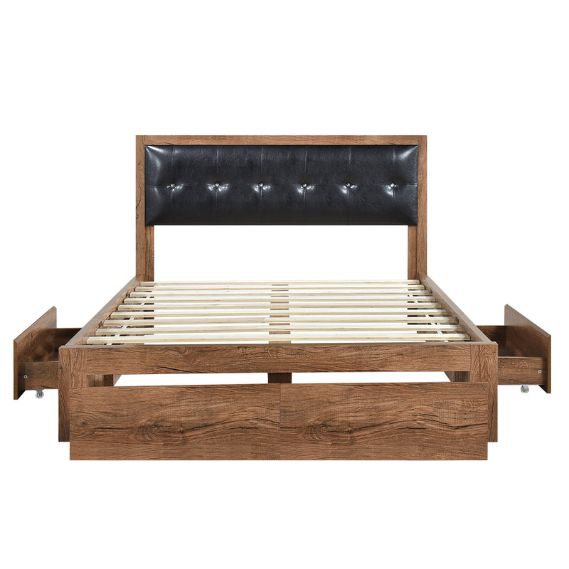 Queen Size Wood Platform Bed with Upholstered Headboard and 4 Drawers