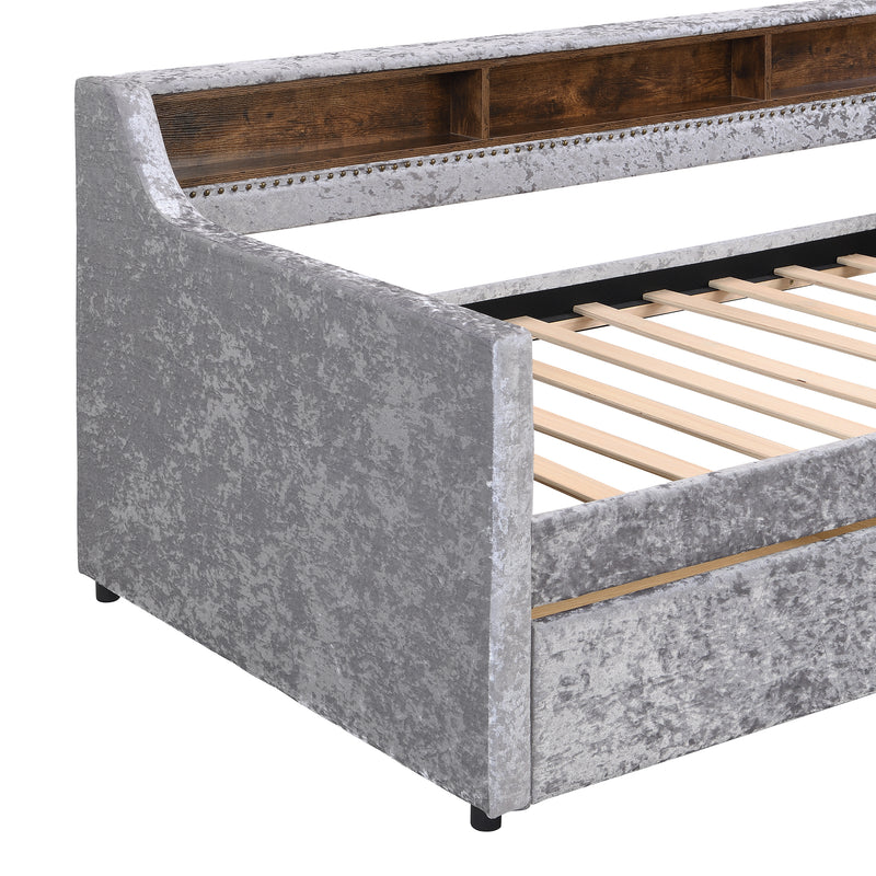 Twin Size Snowflake Velvet Daybed with Two Storage Drawers and Built-in Storage Shelves,Gray