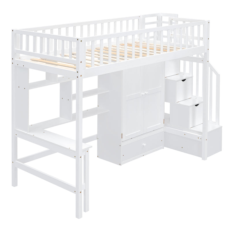 Twin size Loft Bed with Bookshelf,Drawers,Desk,and Wardrobe-White