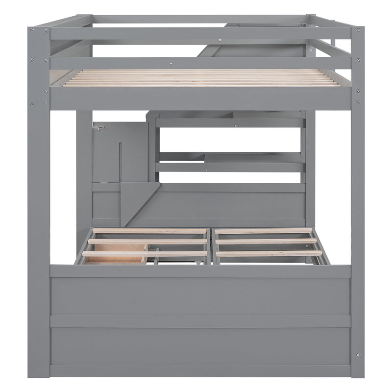 Wood Full Size Convertible Bunk Bed with Storage Staircase, Bedside Table, and 3 Drawers, Gray