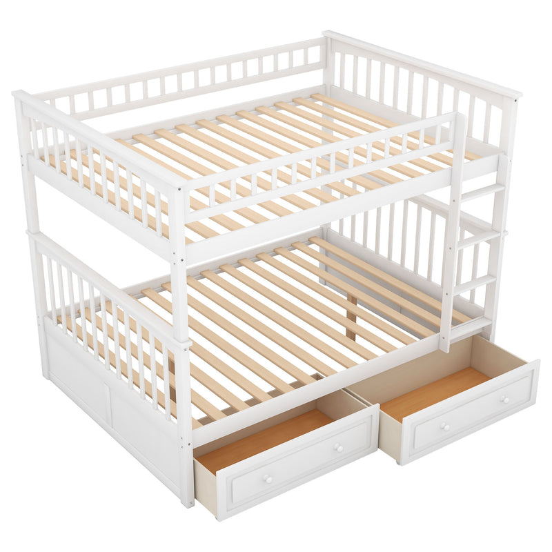 Full Over Full Bunk Bed With Drawers, Convertible Beds - White