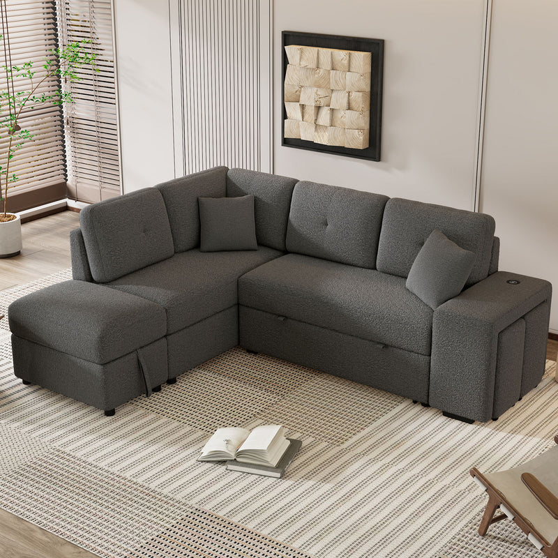 Convertible Sleeper, Sectional Pull Out Sofa Bed With Storage Ottoman, 2 Throw Pillows, 2 Stools, Wireless Charger And Two Hidden USB Ports For Living Room