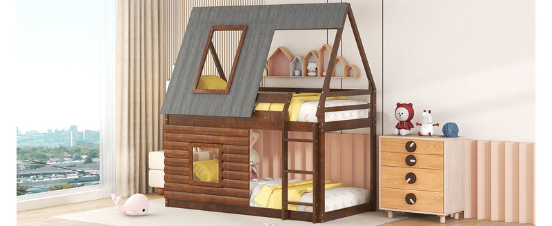 Wood Twin Size House Bunk Bed With Roof, Ladder And 2 Windows - Oak & Smoky Gray