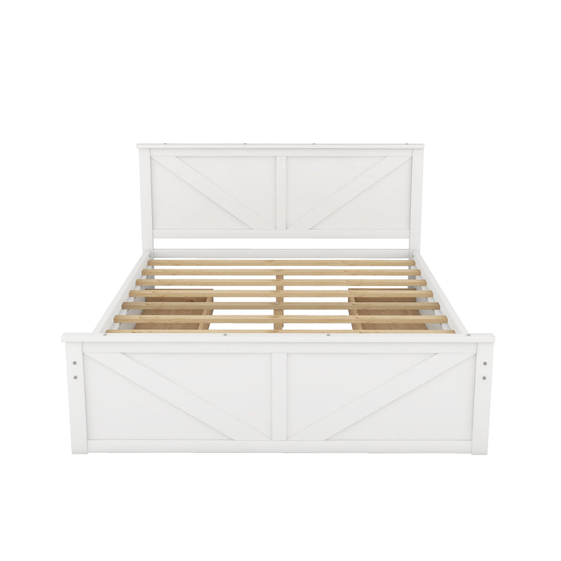 Queen Size Wooden Platform Bed with Four Storage Drawers and Support Legs, White