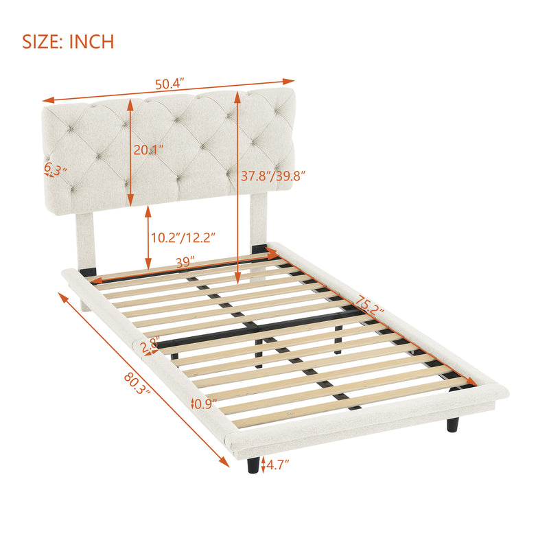 Twin Size Upholstered Bed with Light Stripe, Floating Platform Bed, Linen Fabric,Beige