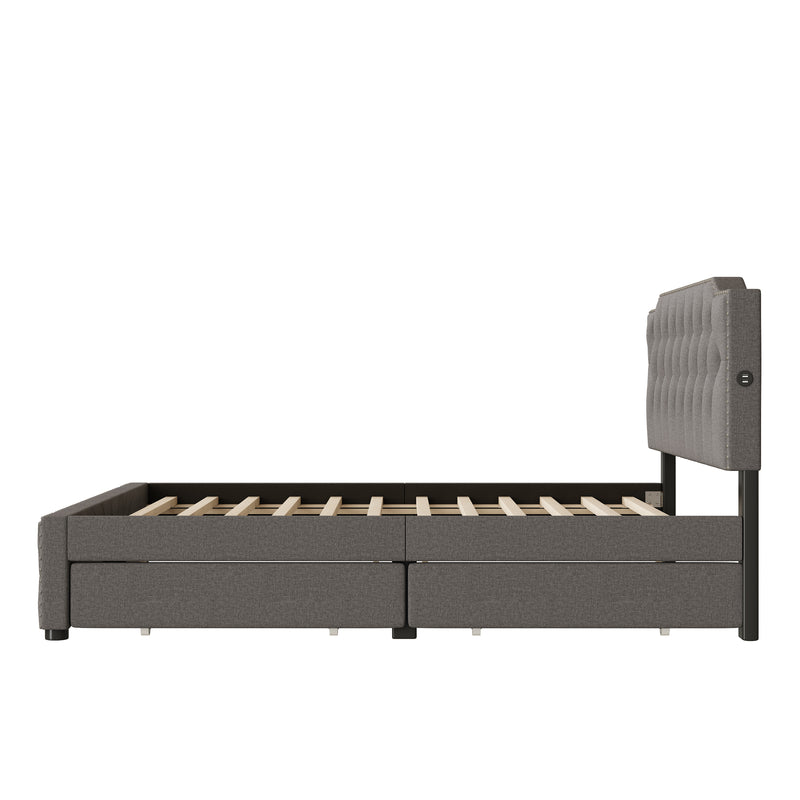 Queen Size Upholstered Platform Bed with 2 Drawers and 2 sets of USB Ports on each side, Linen Fabric, Gray