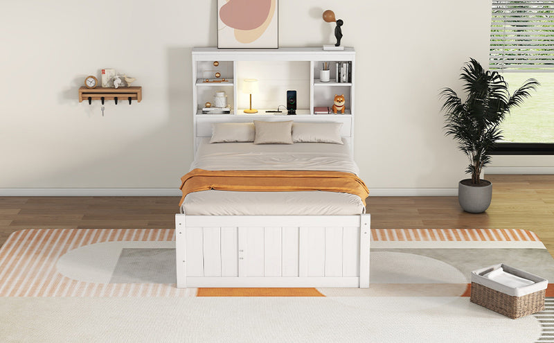 Twin Size Platform Bed with Storage Headboard, Charging Station, Twin Size Trundle and 3 Drawers, Antique White