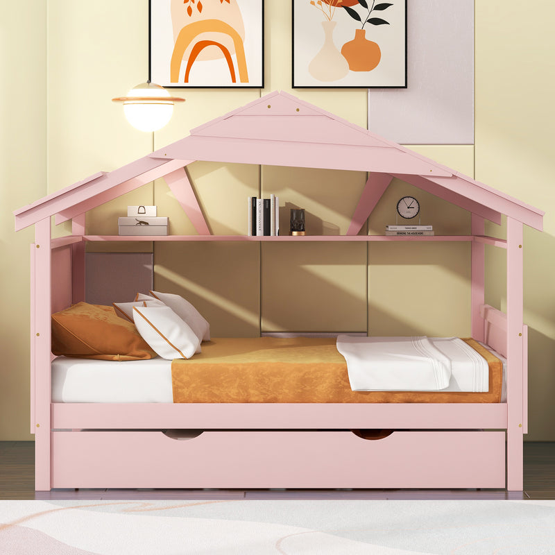 Wood Full Size House Bed with Twin Size Trundle and Storage, Pink