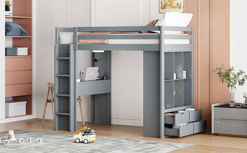 Twin Size Loft Bed with large shelves, writing desk and LED Light, Gray