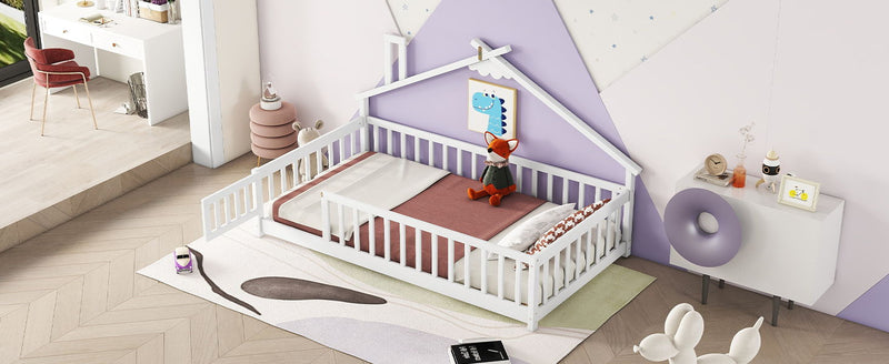 House-Shaped Bedside Floor Bed With Guardrails, Slats, With Door