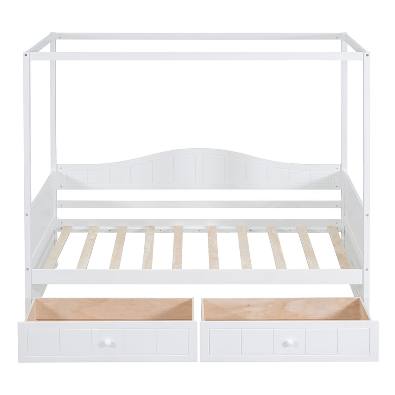 Twin Size Canopy Day Bed with 2 Drawers, White