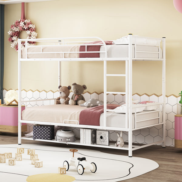 Twin Over Twin Metal Bunk Bed with Shelf and Guardrails, White