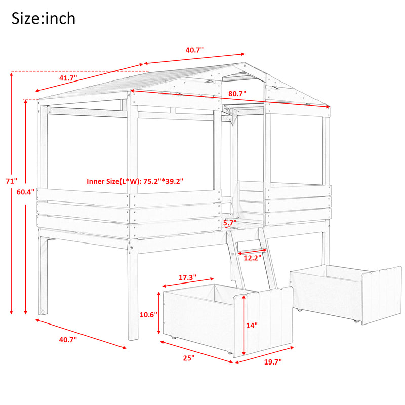 Twin Size Low Loft Wood House Bed with Two Drawers, White