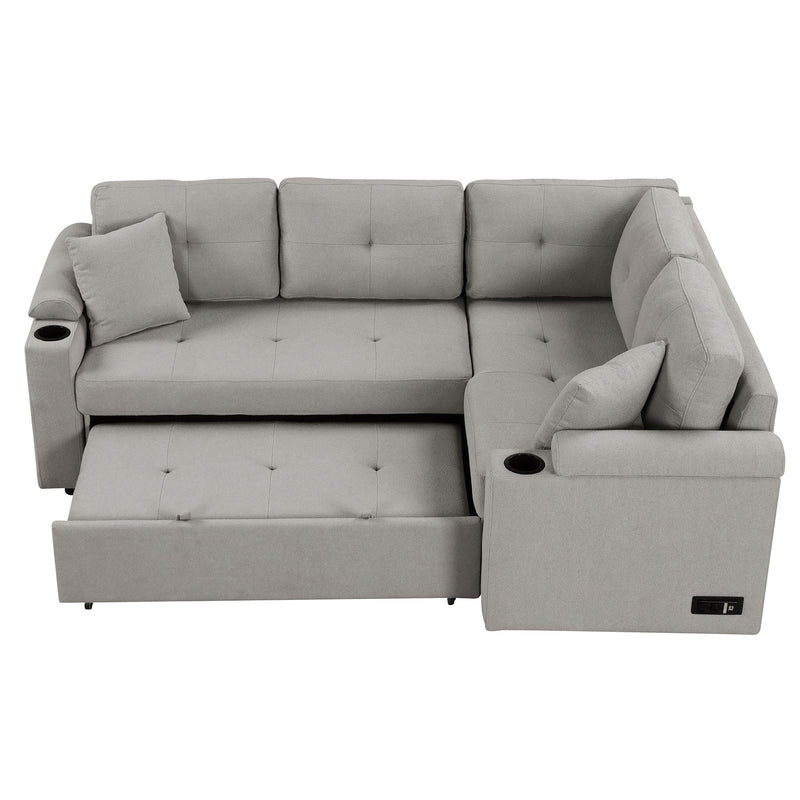 L-Shape Sofa Bed Pull-Out Sleeper Sofa With Wheels, USB Ports, Power Sockets For Living Room