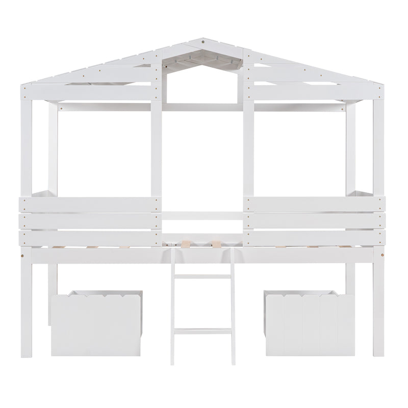 Twin Size Low Loft Wood House Bed with Two Drawers, White