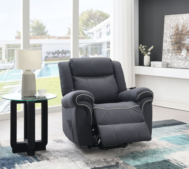 Domana - Polished Microfiber Power Nirion Recliner With Lift Heating Massage Chair - Dark Blue