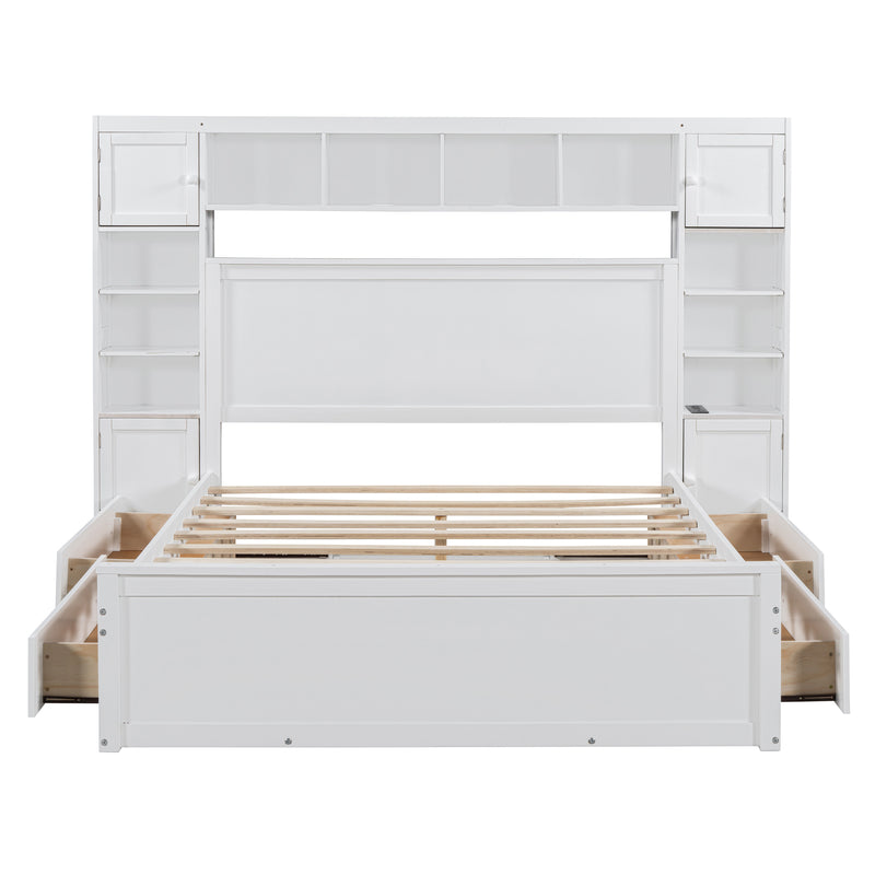 Queen Size Wooden Bed With All-in-One Cabinet, Shelf and Sockets, White