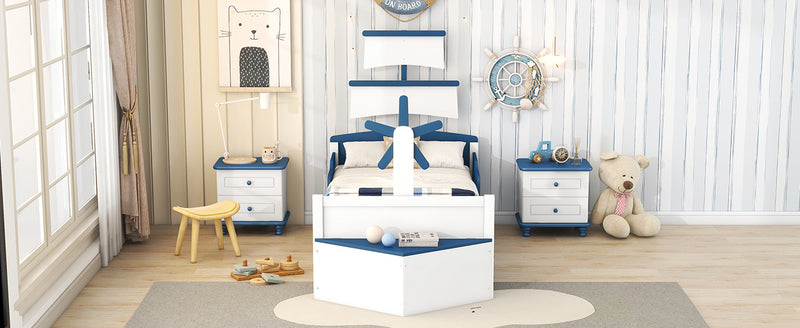 3-Pieces Bedroom Sets,Twin Size Boat-Shaped Platform Bed with  Trundle and Two Nightstands,White+Blue