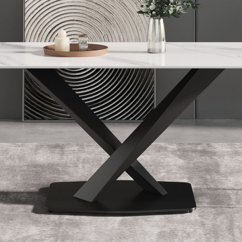 70.87" Modern Artificial Stone White Straight Edge Black Metal Leg Dining Table, Can Accommodate 6-8 People - White