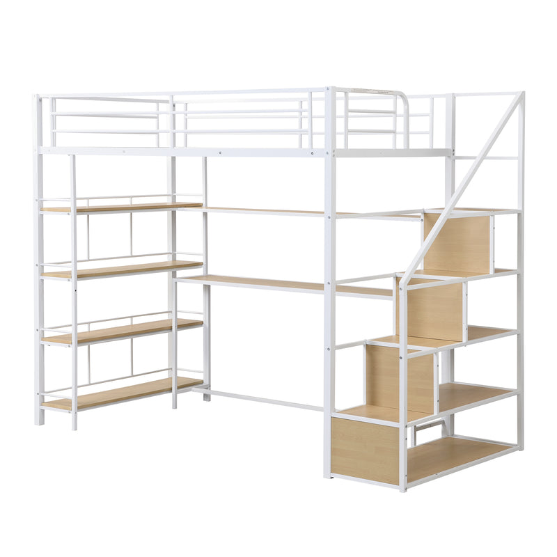 Twin Size Metal Loft bed with Staircase, Built-in Desk and Storage Shelves, White