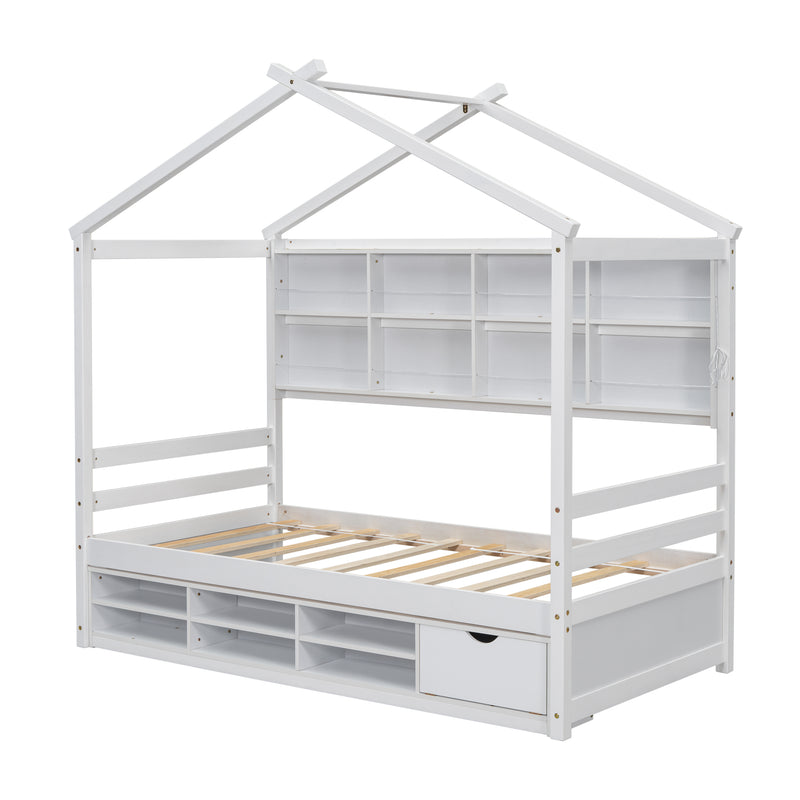 Twin House Bed with Roof Frame, Bedside-shelves, Under Bed Storage Unit,White