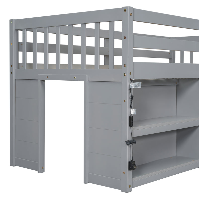 Twin Size Kid Low Loft Bed With Two-Tier Shelves And LED Light For Grey Color