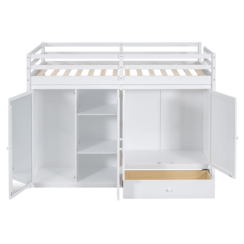 Twin size Loft Bed with Drawer, Two Wardrobes and Mirror, White