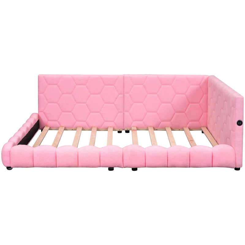 Upholstered Full Size platform bed with USB Ports and LED belt, Pink