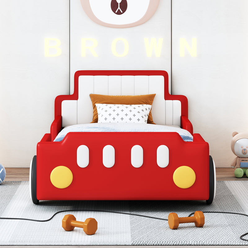 Twin Size Race Car-Shaped Platform Bed with Wheels,Red