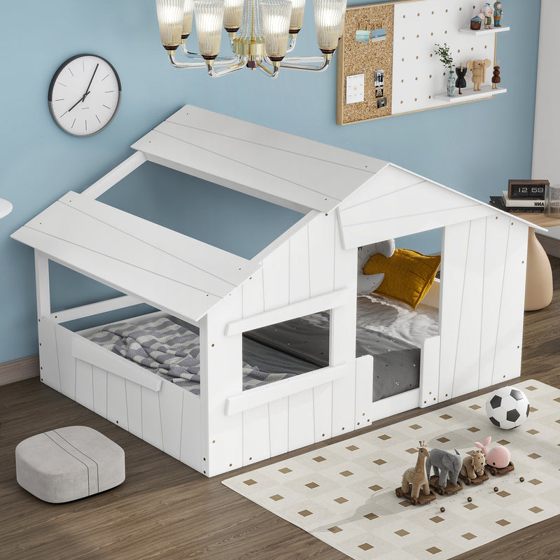 Wood Full Size House Bed with Roof, Window and Guardrail, White