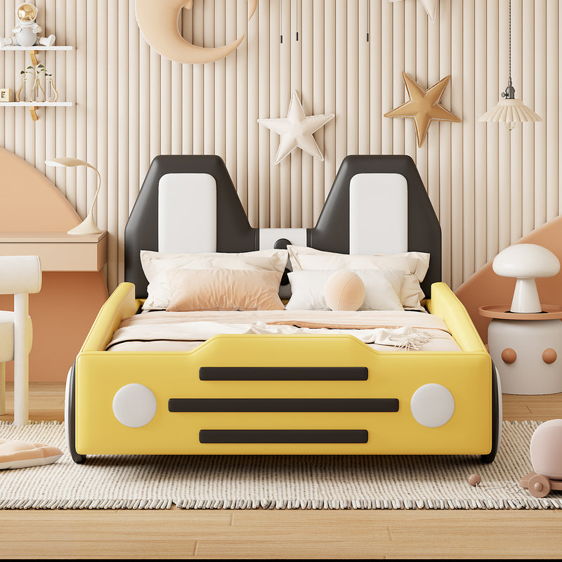 Twin Size Race Car-Shaped Platform Bed with Wheels,Yellow