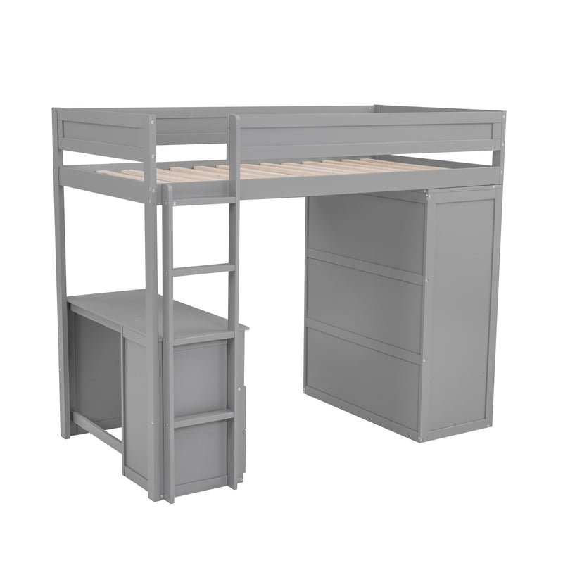 Wood Twin Size Loft Bed with Wardrobes and 2-Drawer Desk with Cabinet, Gray