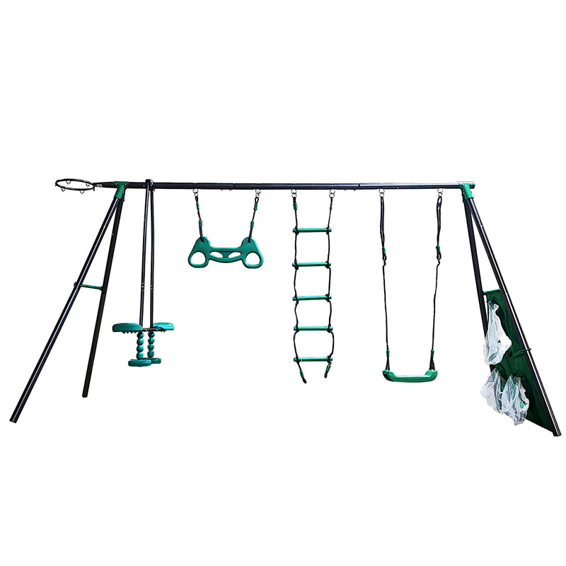 Interesting Four Function Swingset With Face To Face Metal Plastic Safe Swing Seat 550Lbs For Outdoor Playground For Age 3+ - Blackish Green