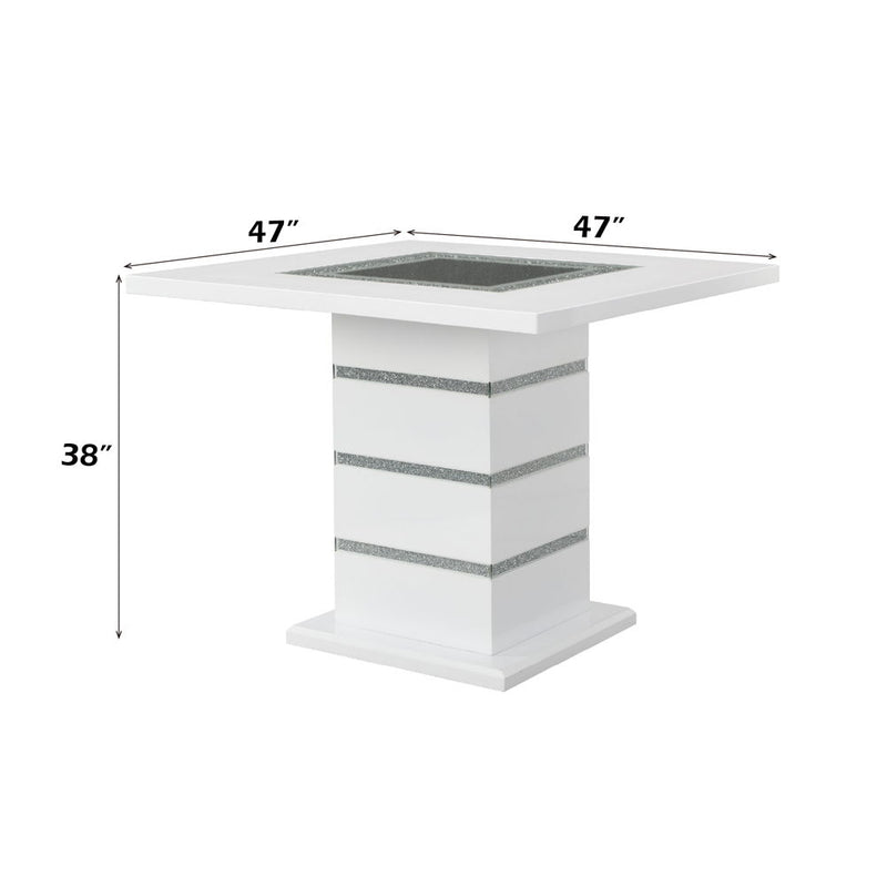 Elizaveta - Counter Height Table - Gray Velvet, Faux Crystal Diamonds &White High Gloss Finish