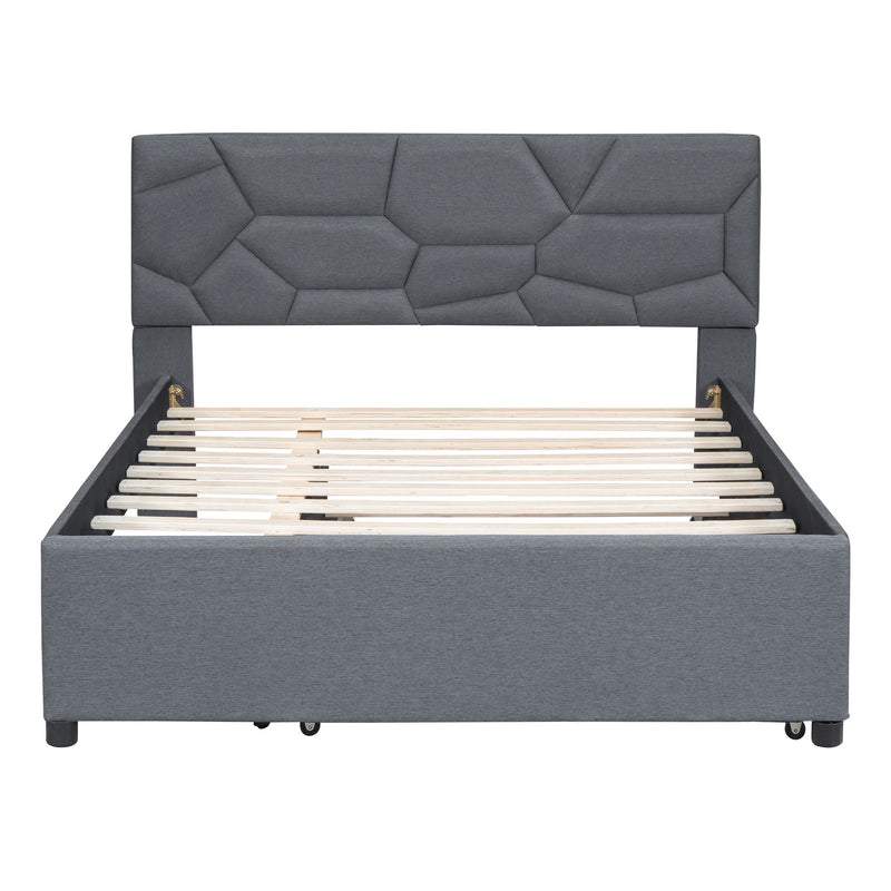 Upholstered Platform Bed With Brick Pattern Headboard And Twin Size Trundle, Linen