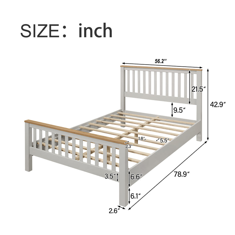 Country Style Concise Gray Solid Platform Bed with Oak Top, No Box Spring Needed, Full