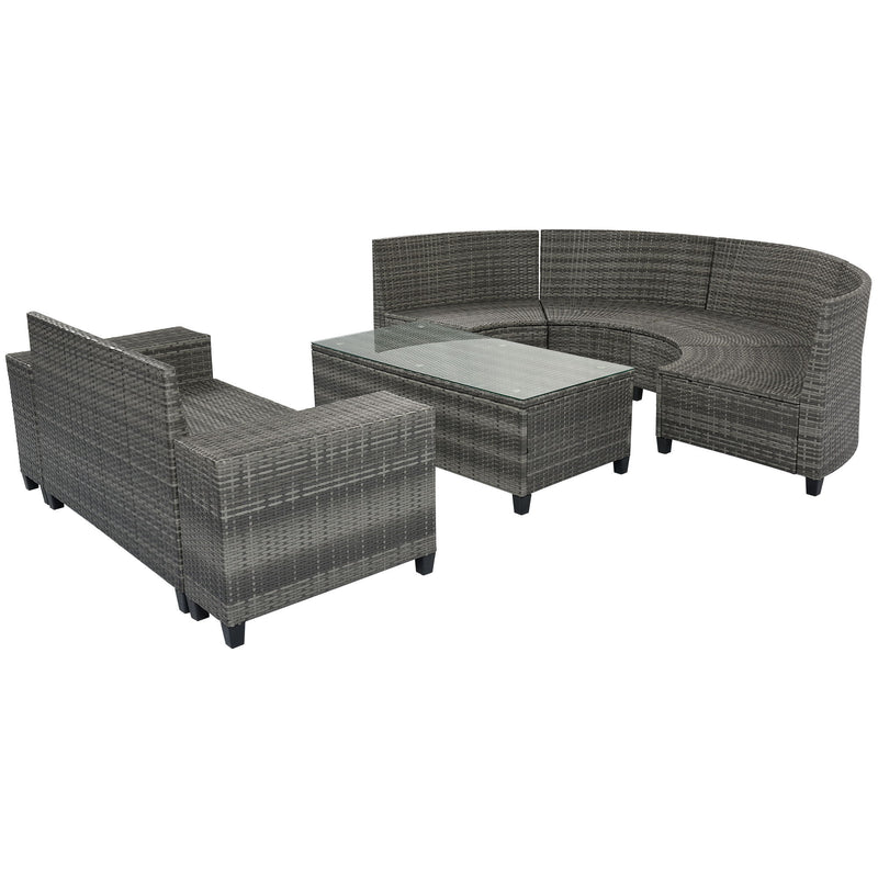 8 Pieces Outdoor Wicker Round Sofa Set, Half-Moon Sectional Sets All Weather, Curved Sofa Set With Rectangular Coffee Table, PE Rattan Water-Resistant And UV Protected, Movable Cushion