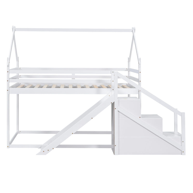 Twin Over Twin House Loft Or Bunk Bed With Slide And Staircase