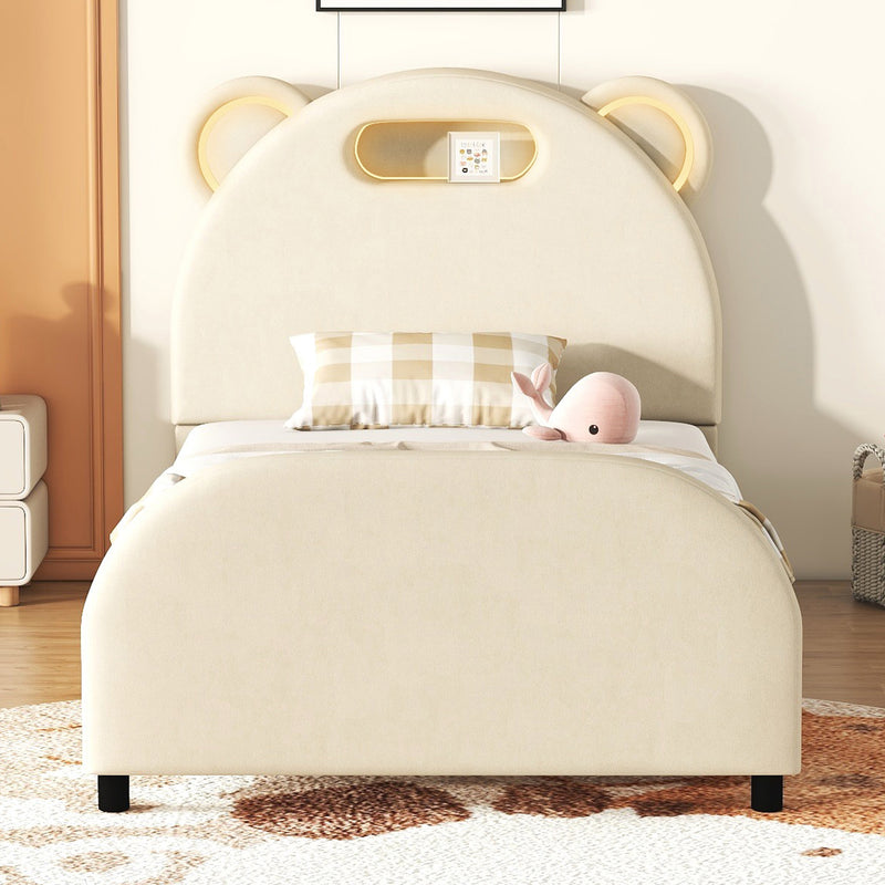 Twin Size Upholstered Platform Bed with Bear-Shaped Headboard and Embedded Light Stripe, Velvet, Beige