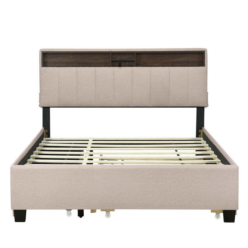 Queen size Upholstered Platform Bed with Storage Headboard, Twin XL Size Trundle & 2 drawers and a set of Sockets & USB Ports, Linen Fabric, Beige