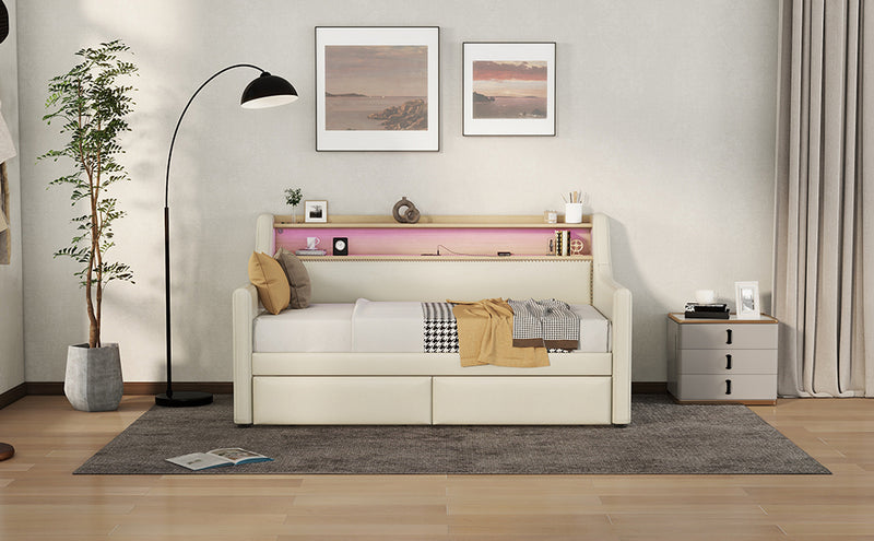 Twin Size Daybed with Storage Drawers, Upholstered Daybed with Charging Station and LED Lights, Beige (Expect arrive date: December 30th.)